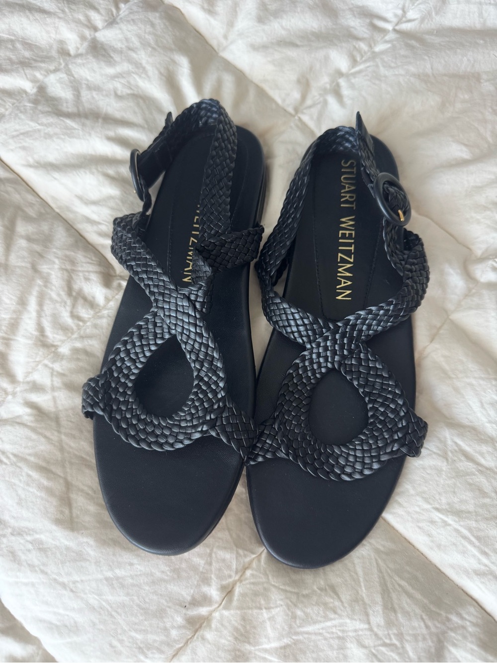 Stuart Weitzman Black Woven Leather Flat Sandals Made in Spain Size 9